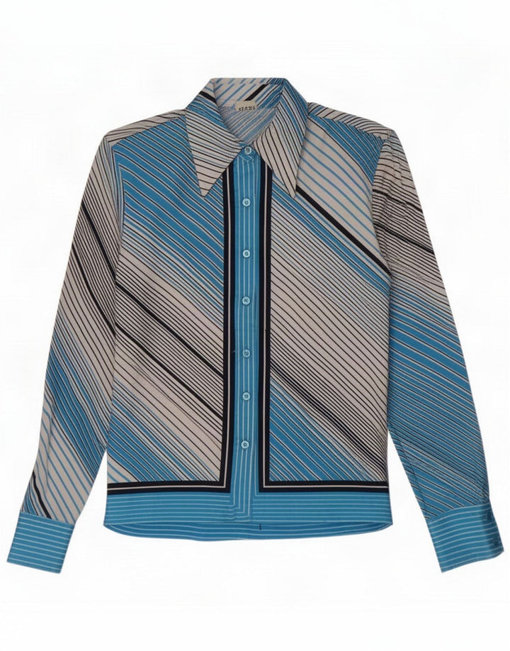 Camicia vintage da donna IT 46 Large a righe blu in poliestere