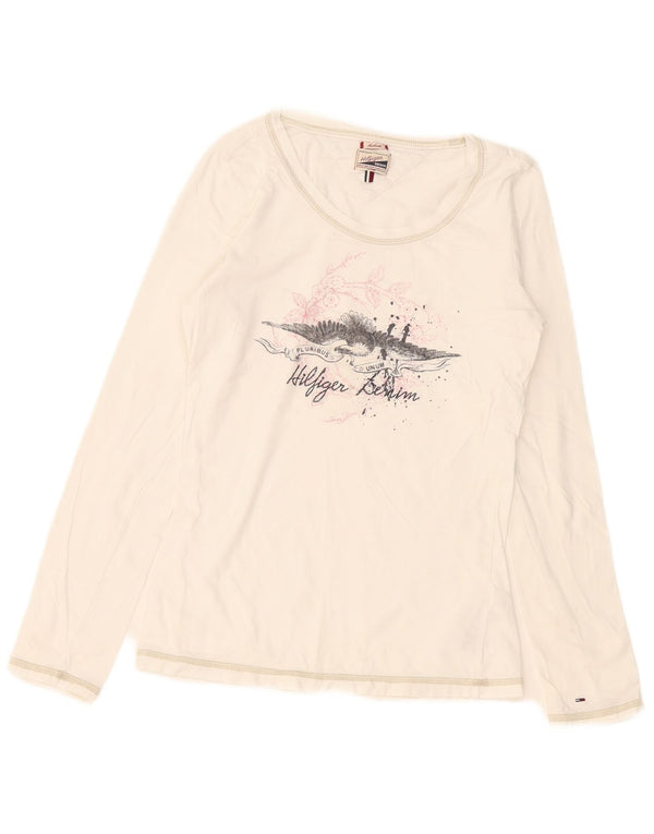 Tommy Hilfiger Donna Graphic Top Manica Lunga UK 12 Cotone Bianco Medio
