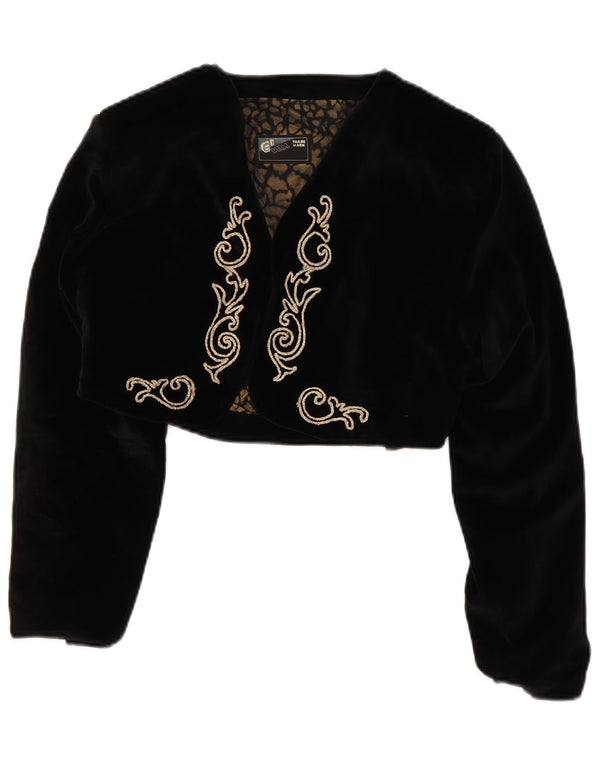 Giacca Bolero in velluto da donna vintage UK 14 cotone floreale nero medio