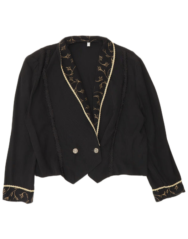 Giacca blazer doppiopetto vintage da donna corta UK 12 medio nero floreale