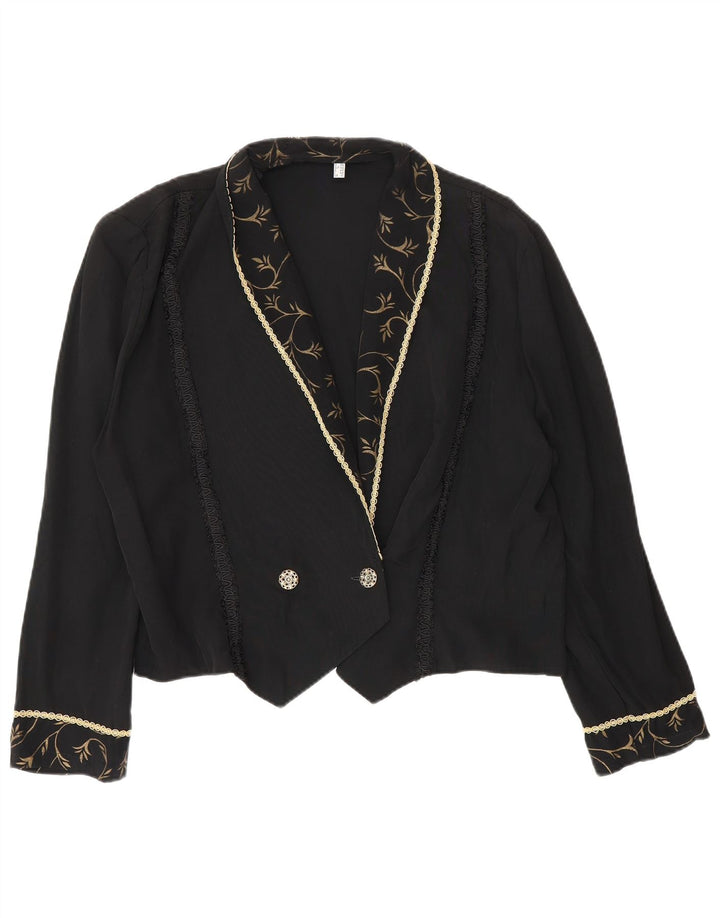 Giacca blazer doppiopetto vintage da donna corta UK 12 medio nero floreale