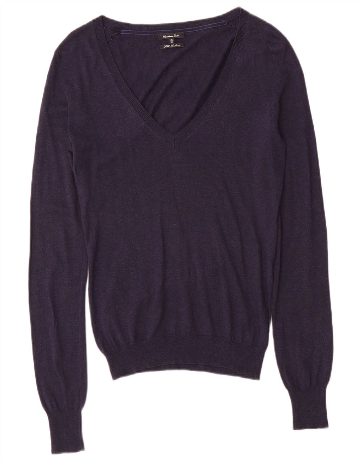 Massimo Dutti Maglione da donna con scollo a V UK 12 Medio Seta blu navy