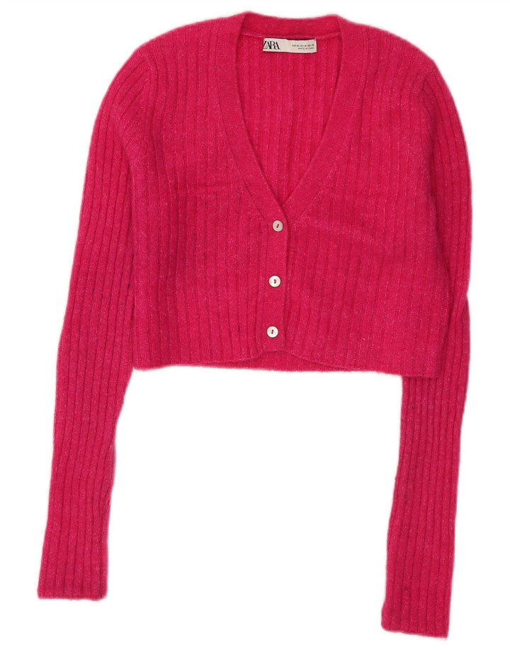 Maglione cardigan corto da donna Zara UK 12 Nylon rosa medio