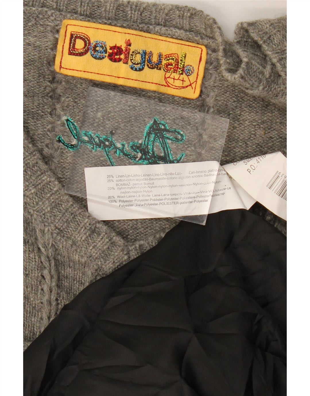 DESIGUAL Abito maglione da donna a maniche lunghe EU 44 XL Lino patchwork grigio