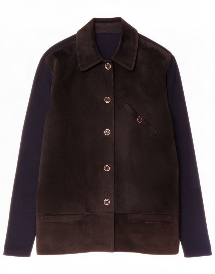 Giacca vintage da donna in pelle scamosciata UK 14 in pelle color block blu navy media
