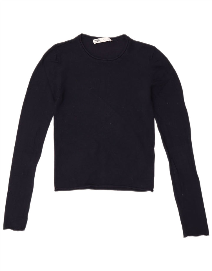Top corto da donna Zara a maniche lunghe UK 8 Small in viscosa blu navy