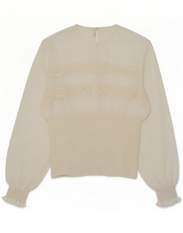 Camicetta vintage da donna a maniche lunghe UK 10 piccola bianca floreale
