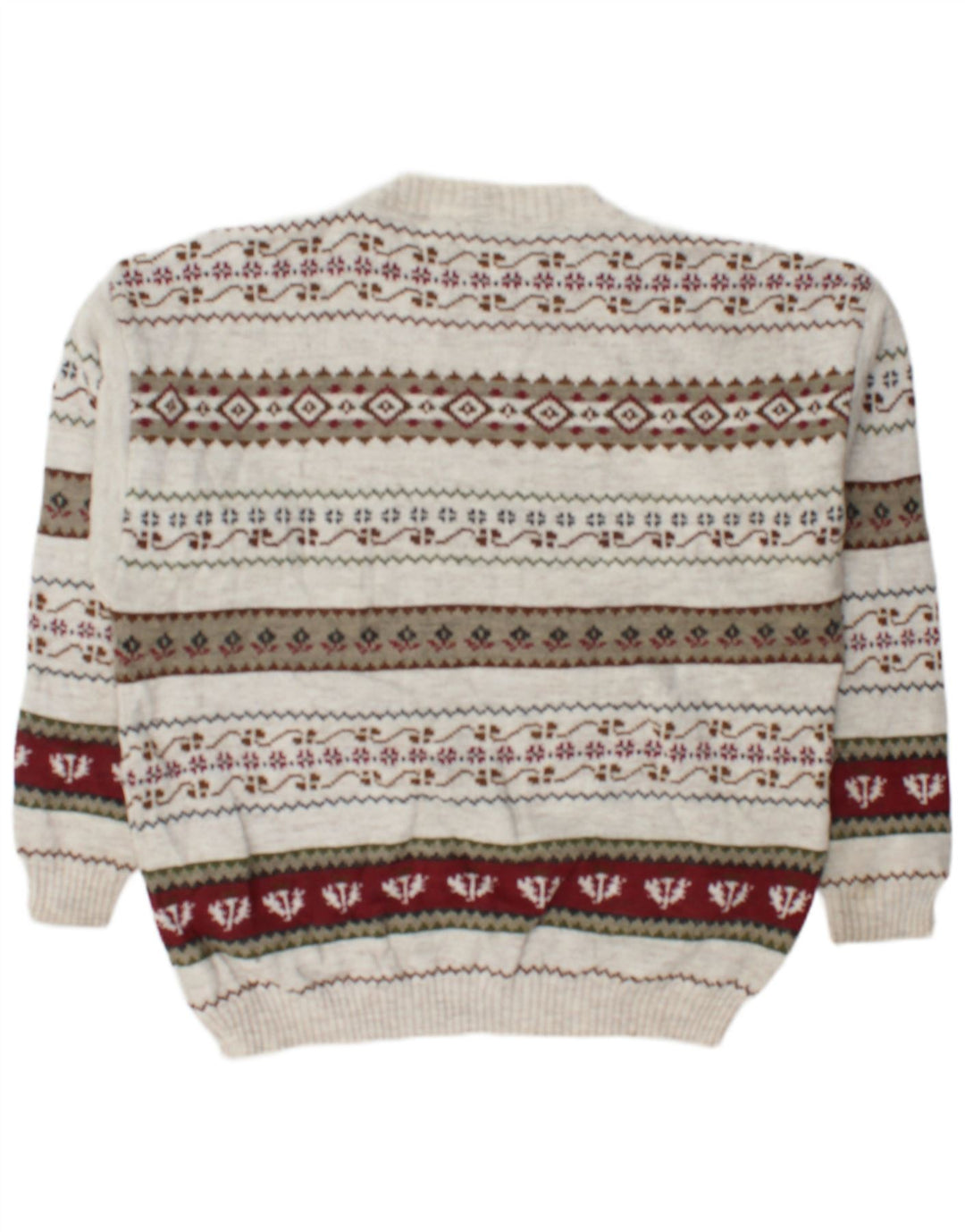 Maglione girocollo da uomo vintage in lana geometrica bianco sporco grande