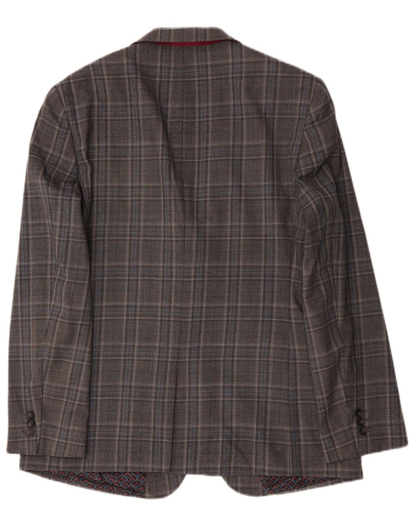 Giacca blazer lunga da uomo a 2 bottoni Ted Baker UK 44 2XL lana a quadri grigia