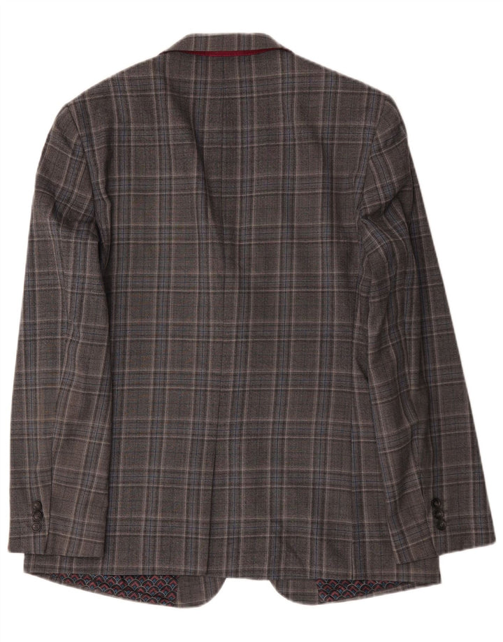 Giacca blazer lunga da uomo a 2 bottoni Ted Baker UK 44 2XL lana a quadri grigia
