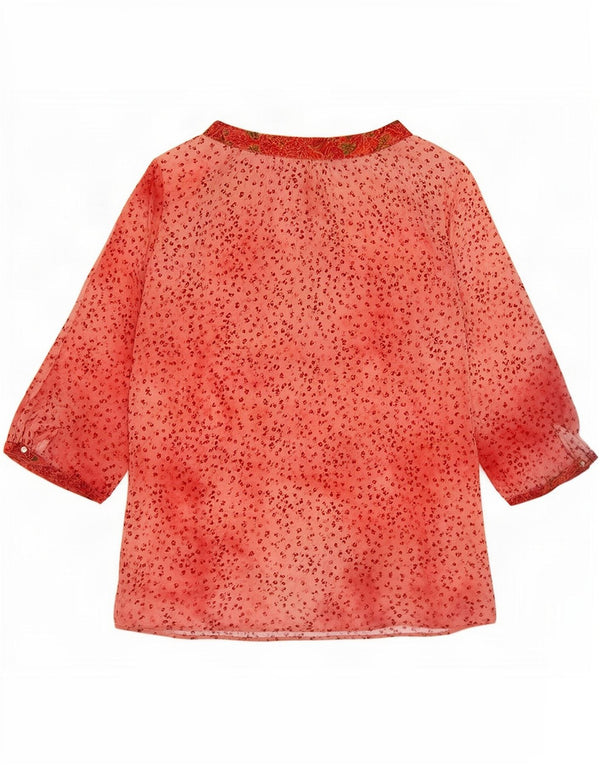 Vintage Womens Front Tie Top 3/4 Sleeve UK 14 Large Red Floral Cotton