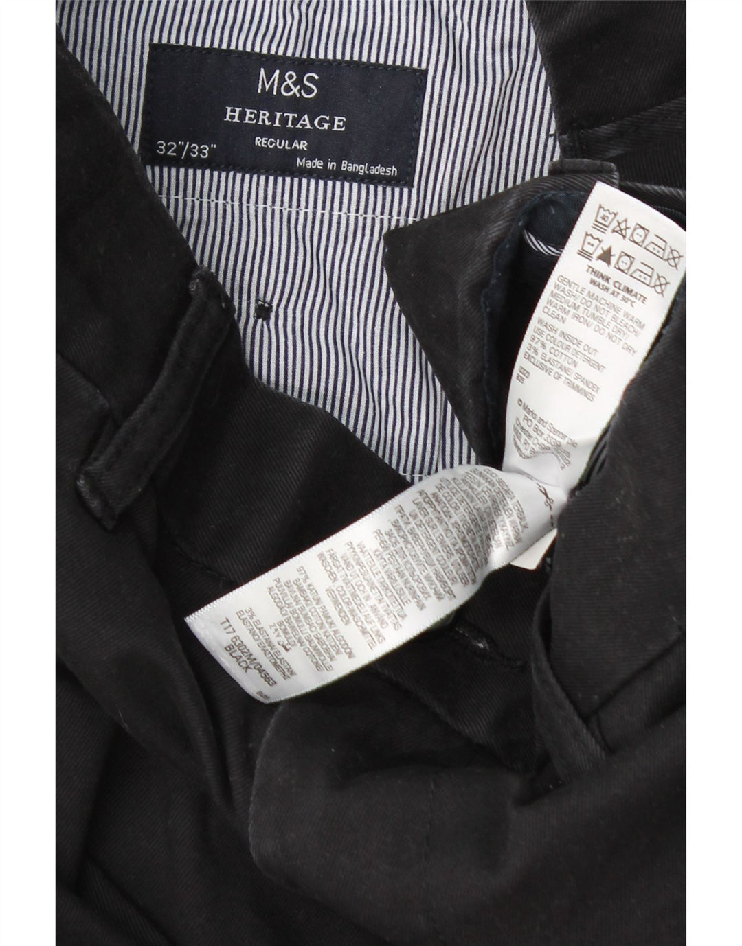 Pantaloni chino regolari da uomo Marks & Spencer Heritage W32 L33 cotone nero