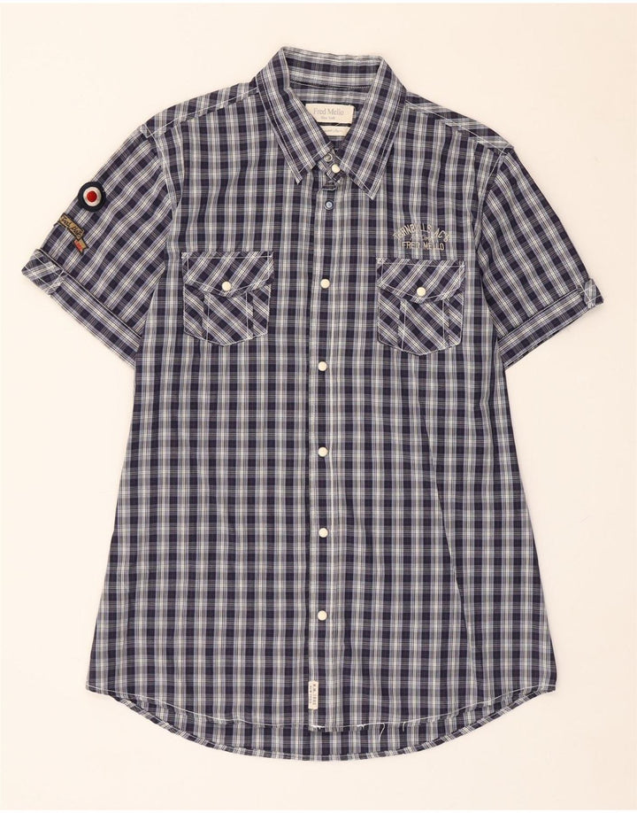 Fred Mello Camicia a maniche corte da uomo di grandi dimensioni in cotone a quadri blu navy