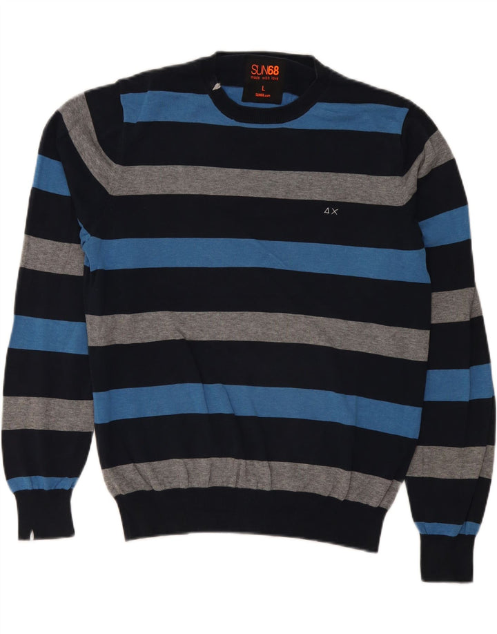 Maglione maglione girocollo da uomo Sun68 grande cotone a righe blu