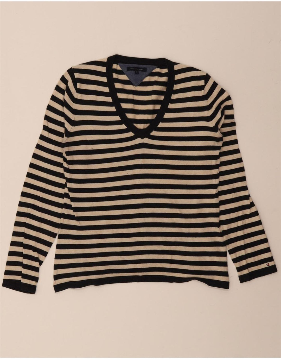 TOMMY HILFIGER Womens V-Neck Jumper Sweater UK 12 Medium Black Striped Vintage Tommy Hilfiger and Second-Hand Tommy Hilfiger from Messina Hembry 