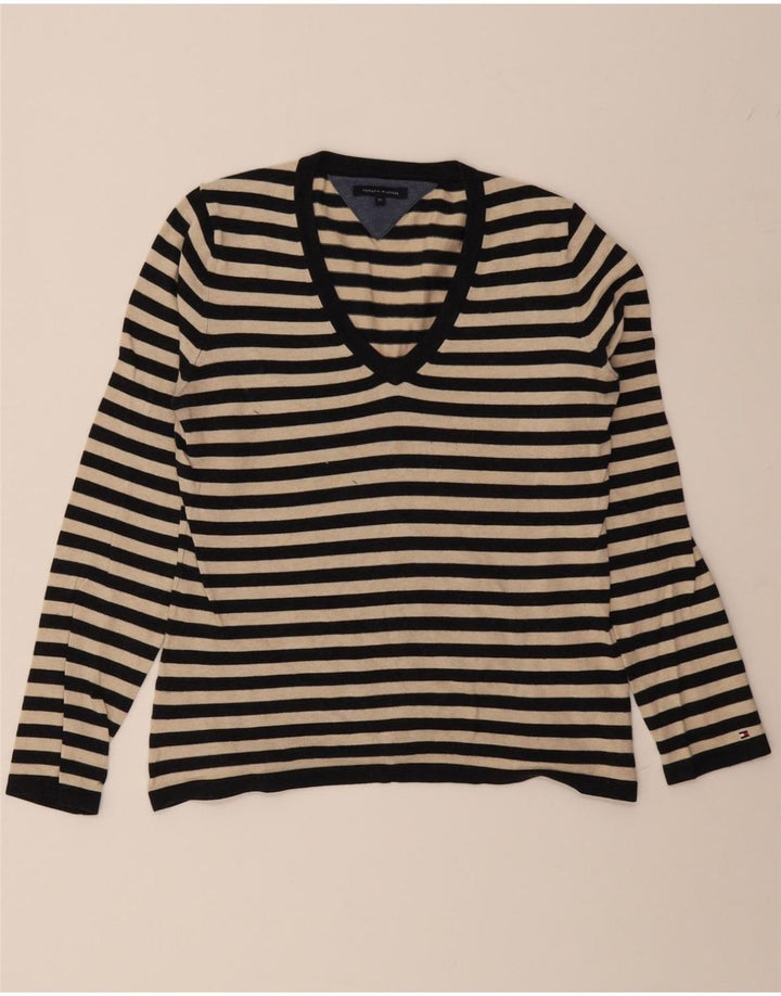 TOMMY HILFIGER Womens V-Neck Jumper Sweater UK 12 Medium Black Striped Vintage Tommy Hilfiger and Second-Hand Tommy Hilfiger from Messina Hembry 