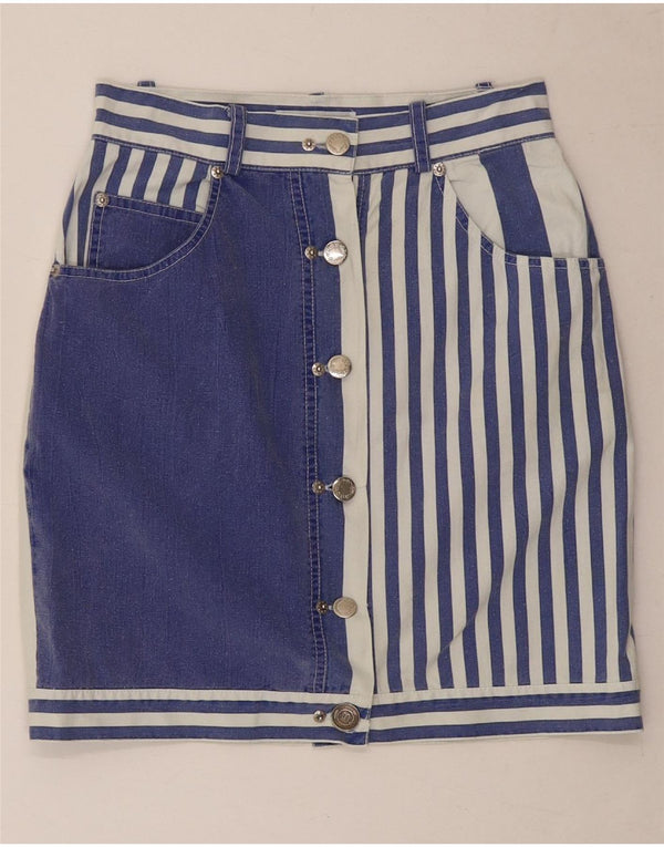 Mini gonna a tubino da donna vintage UK 8 piccola W26 cotone a righe blu navy