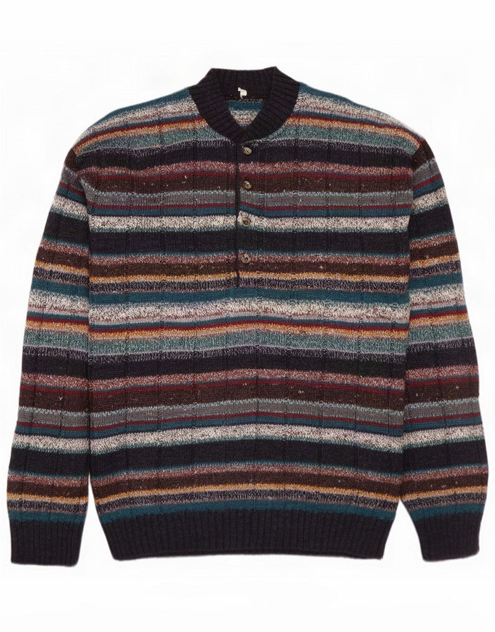 Maglione vintage da uomo con bottoni e collo in lana a righe multicolori medie