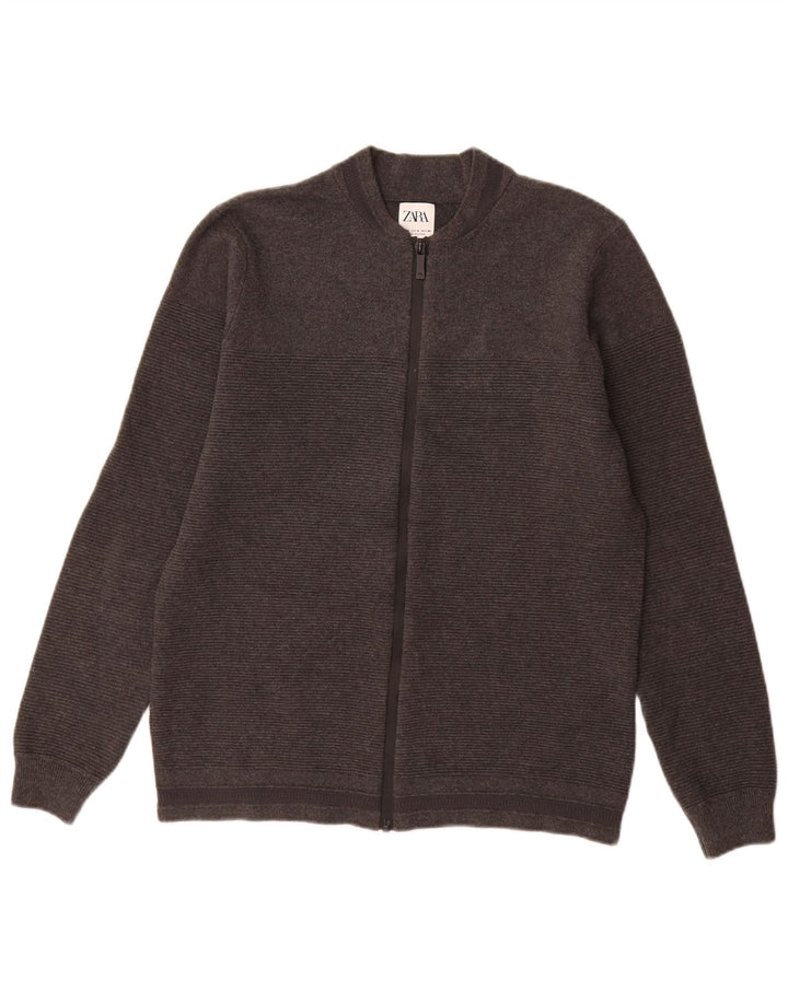 Maglione cardigan con zip intera da uomo Zara in cotone grigio medio