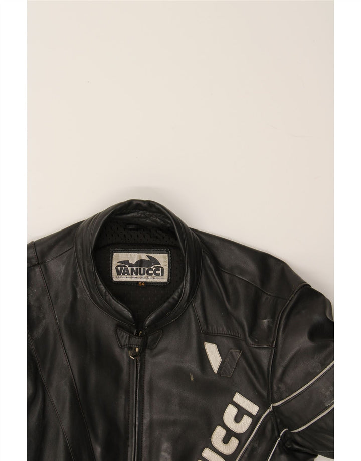 VANUCCI Mens Leather Graphic Racer Jacket IT 54 2XL Black Leather Vintage Vanucci and Second-Hand Vanucci from Messina Hembry 