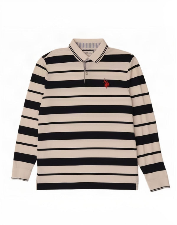 Polo Assn. Polo da uomo a maniche lunghe in cotone a righe grandi bianche