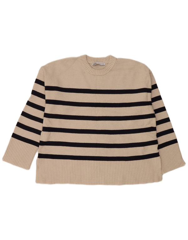 Maglione maglione girocollo da donna Zara UK 16 Viscosa a righe grandi bianco sporco