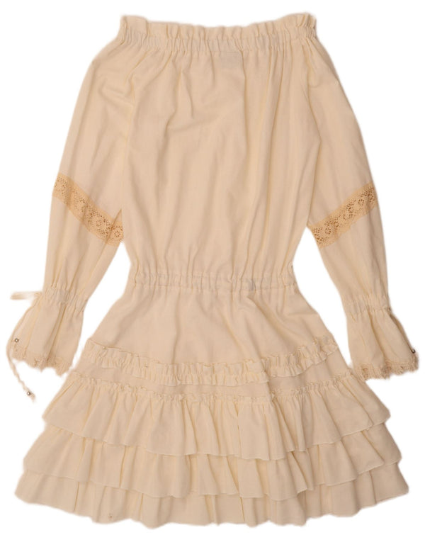 Abito da donna VINTAGE a maniche lunghe con spalle scoperte UK 12 Lino bianco sporco medio