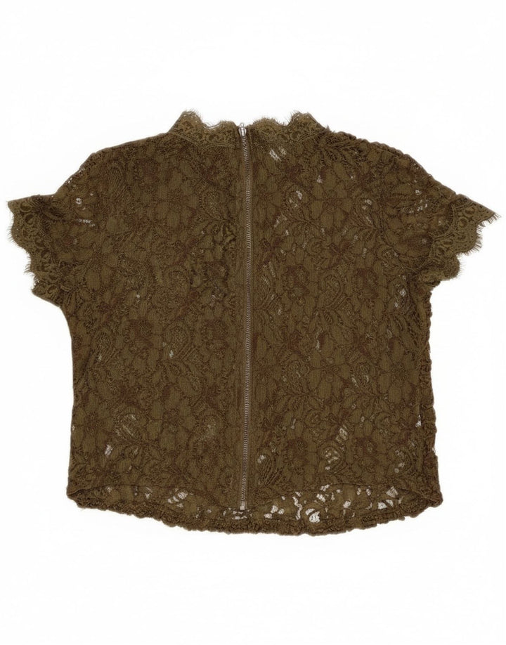 Top Zara da donna in camicetta trasparente in pizzo UK 8 piccolo kaki