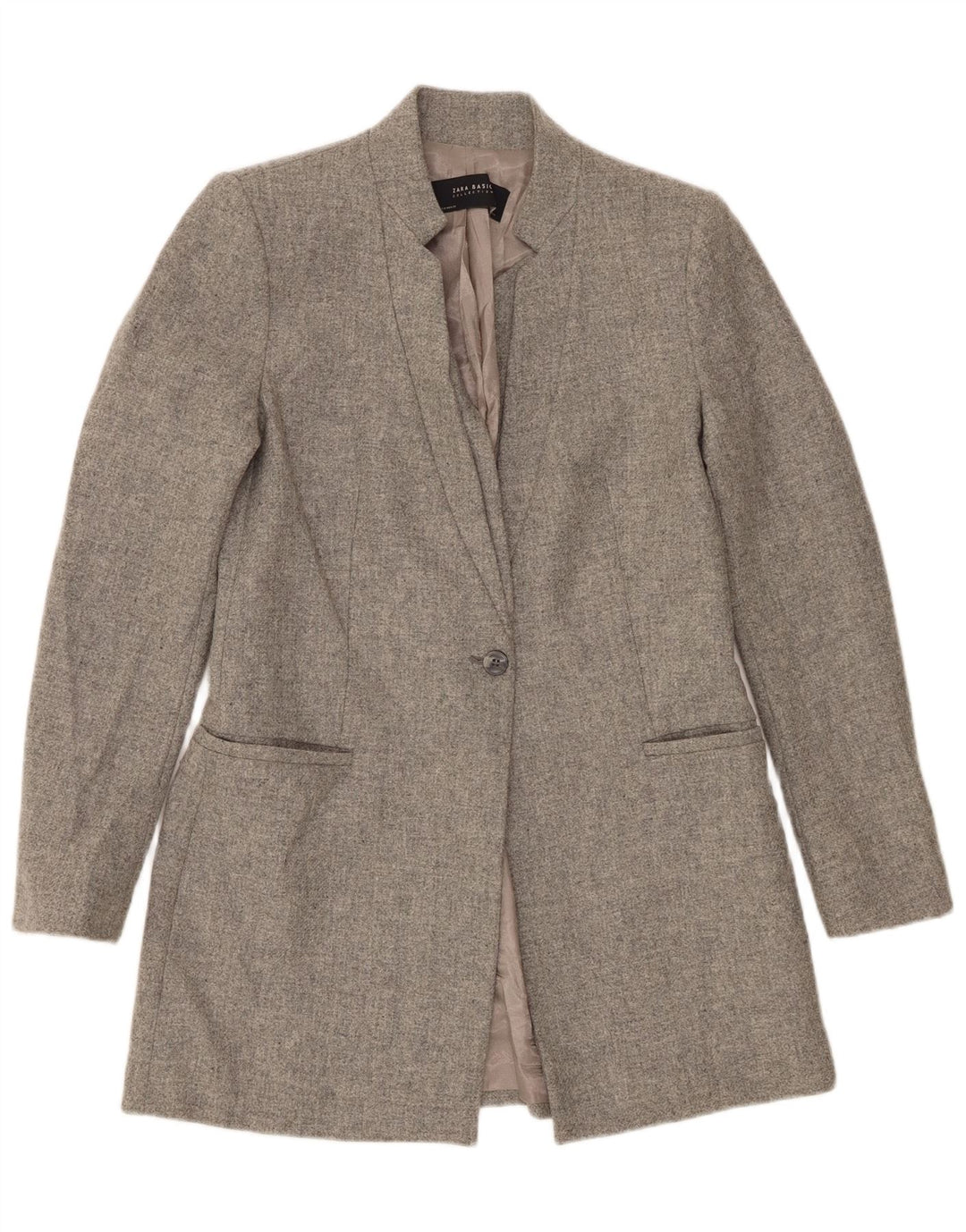 Giacca blazer a 1 bottone lunga da donna Zara UK 12 Lana d'agnello grigio medio