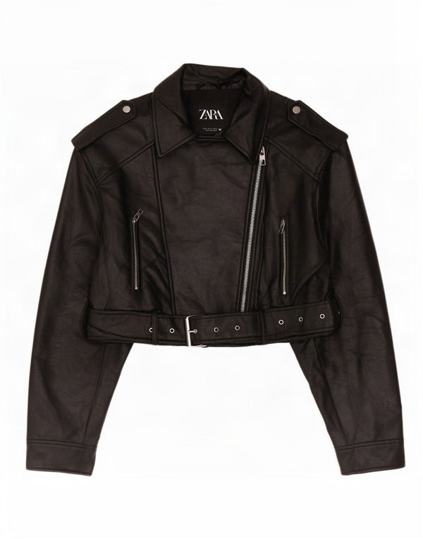 Giacca da motociclista corta in ecopelle da donna Zara UK 18 XL poliestere nero