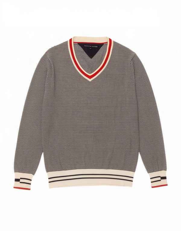 Maglione maglione con scollo a V da uomo Tommy Hilfiger piccolo cotone gessato blu