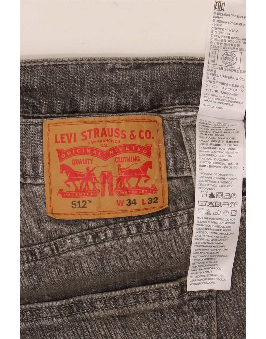 Levi's Uomo 512 Jeans affusolati slim W34 L32 Cotone grigio