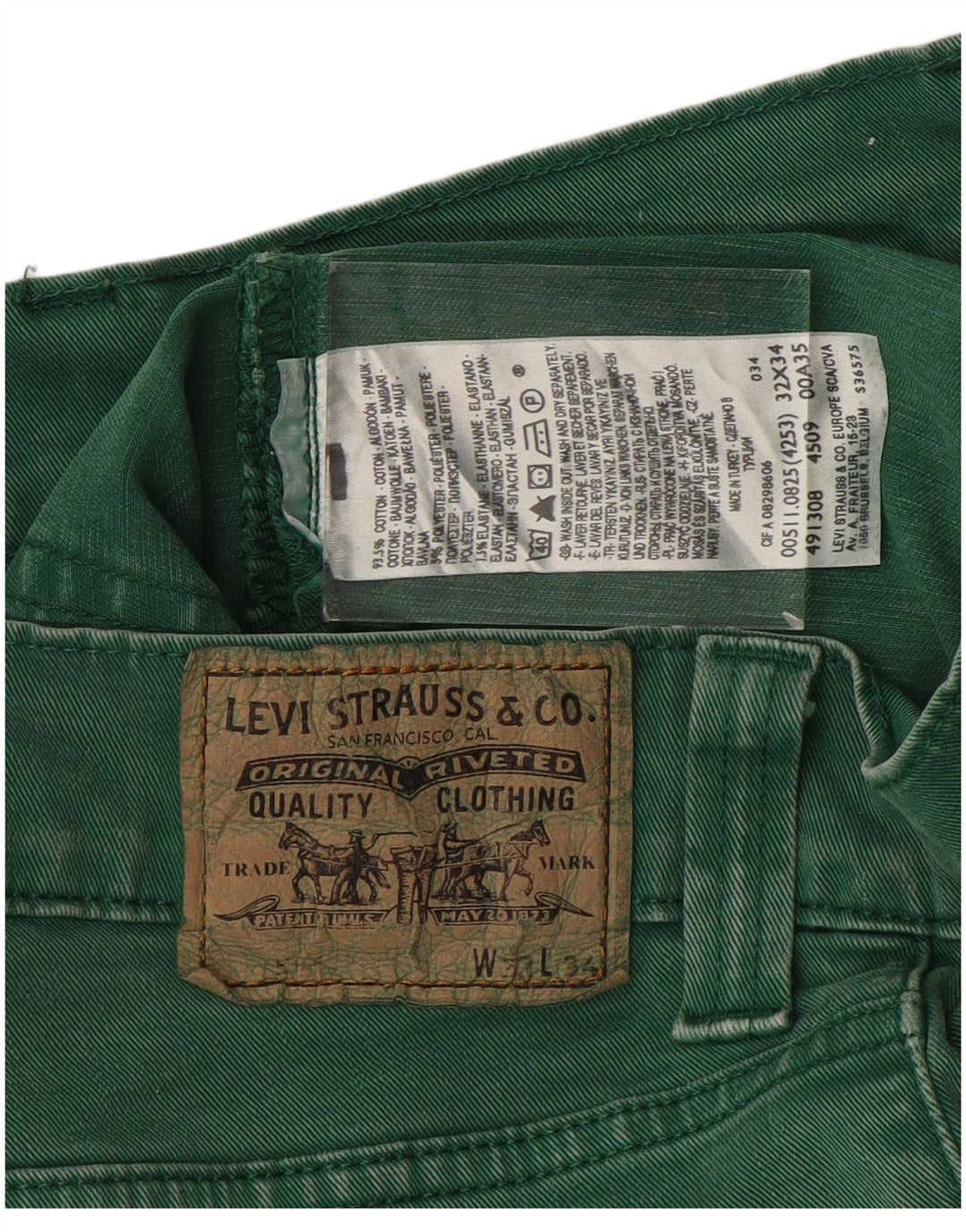 LEVI'S Uomo 511 Joggers Jeans Slim W32 L29 Cotone Verde
