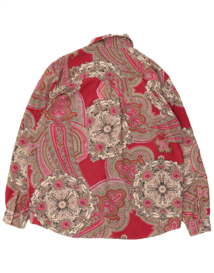 Camicetta camicia oversize da donna vintage UK 10 piccolo poliestere Paisley rosso
