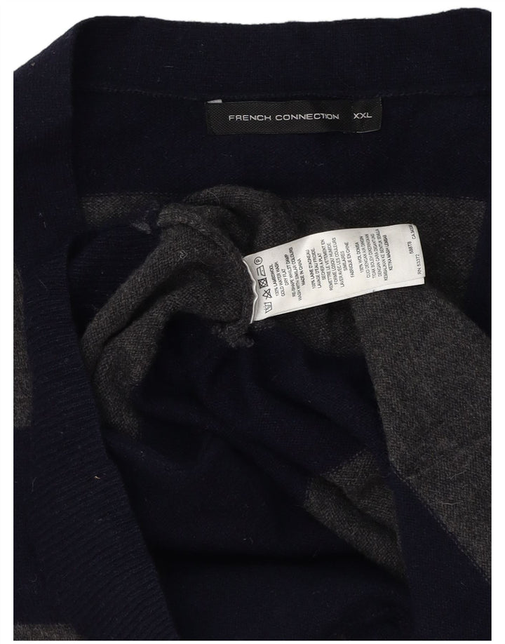 FRENCH CONNECTION Maglione cardigan da uomo 2XL Lana d'agnello a righe blu navy