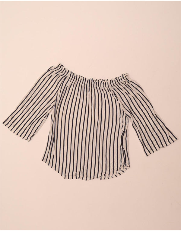 BENETTON Top da donna con spalle scoperte e maniche a 3/4 UK 14 a righe bianche medie