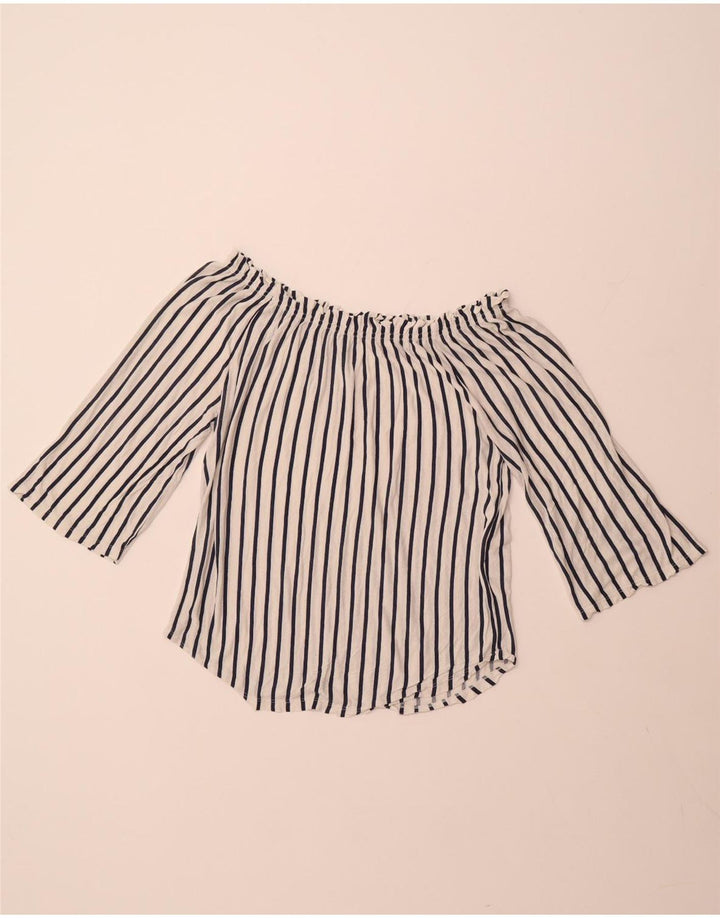 BENETTON Top da donna con spalle scoperte e maniche a 3/4 UK 14 a righe bianche medie