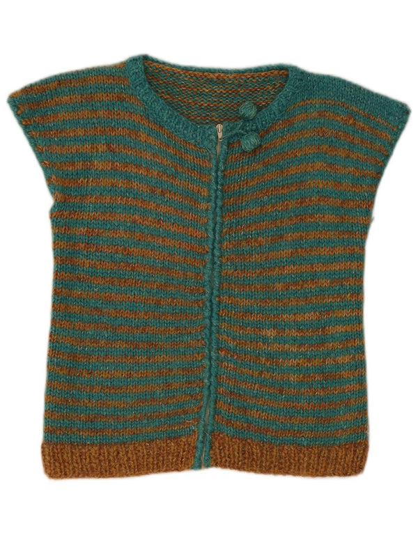Maglione cardigan a maniche corte da donna vintage UK 12 verde medio a righe