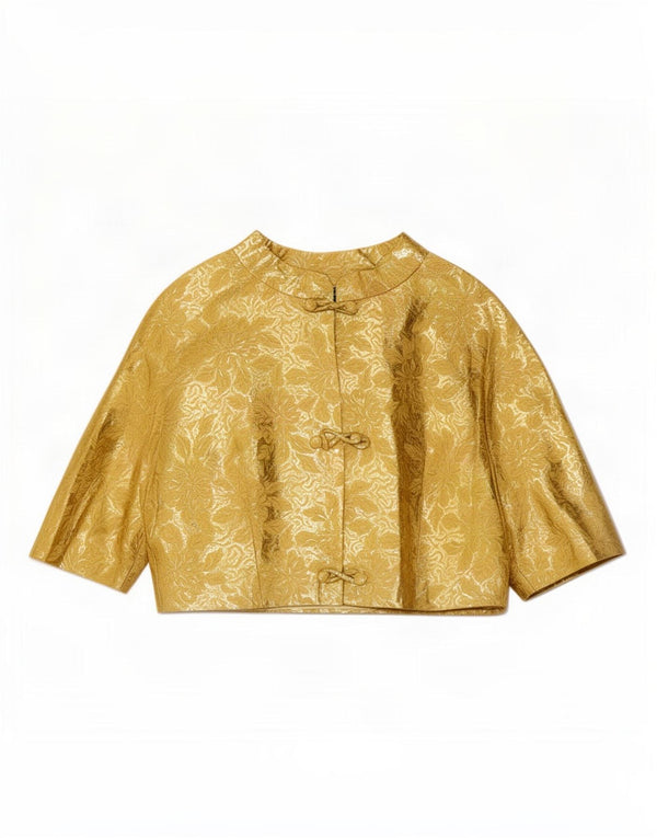 Top bolero a maniche corte da donna vintage UK 14 medio oro floreale