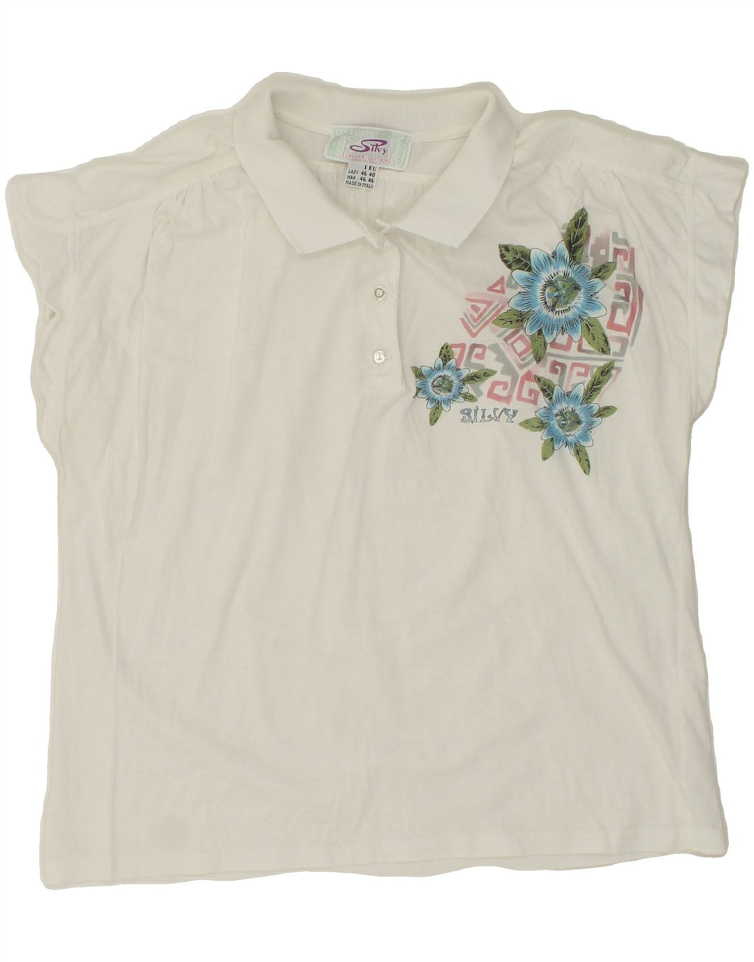SILVY Womens Polo Shirt IT 46 Large White Floral Cotton Vintage Silvy and Second-Hand Silvy from Messina Hembry 