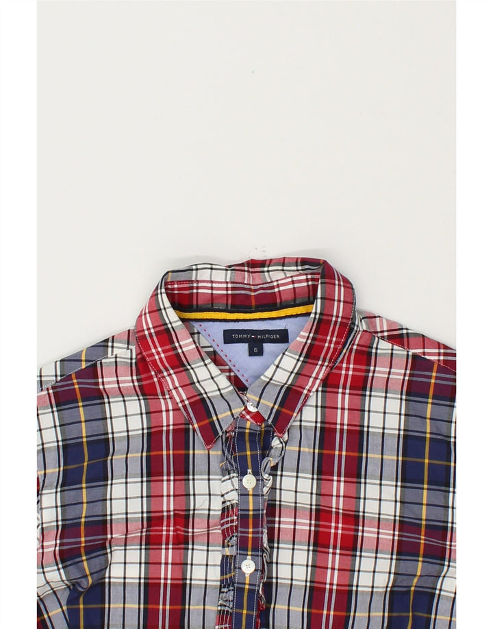 TOMMY HILFIGER Womens Ruffle Front Shirt US 6 Medium Navy Blue Check Vintage Tommy Hilfiger and Second-Hand Tommy Hilfiger from Messina Hembry 