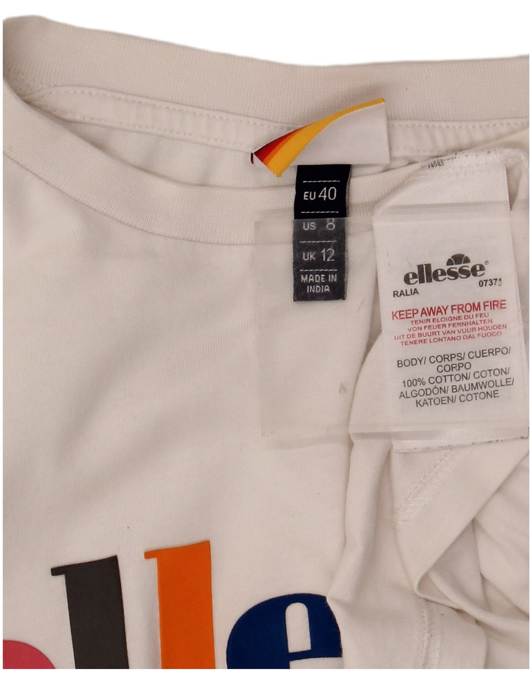 ELLESSE T-shirt grafica da donna corta Top UK 12 Cotone bianco medio