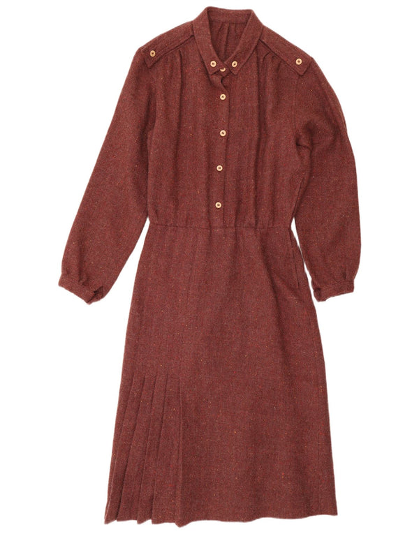 Abito lungo da donna vintage a maniche lunghe UK 14 Borgogna medio chiazzato