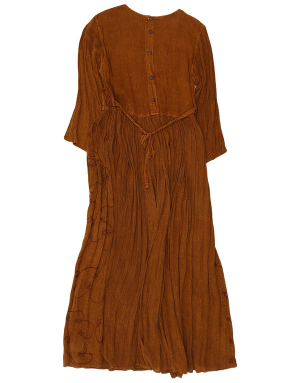 Abito lungo da donna vintage con maniche a 3/4 UK 10 piccolo motivo cachemire marrone