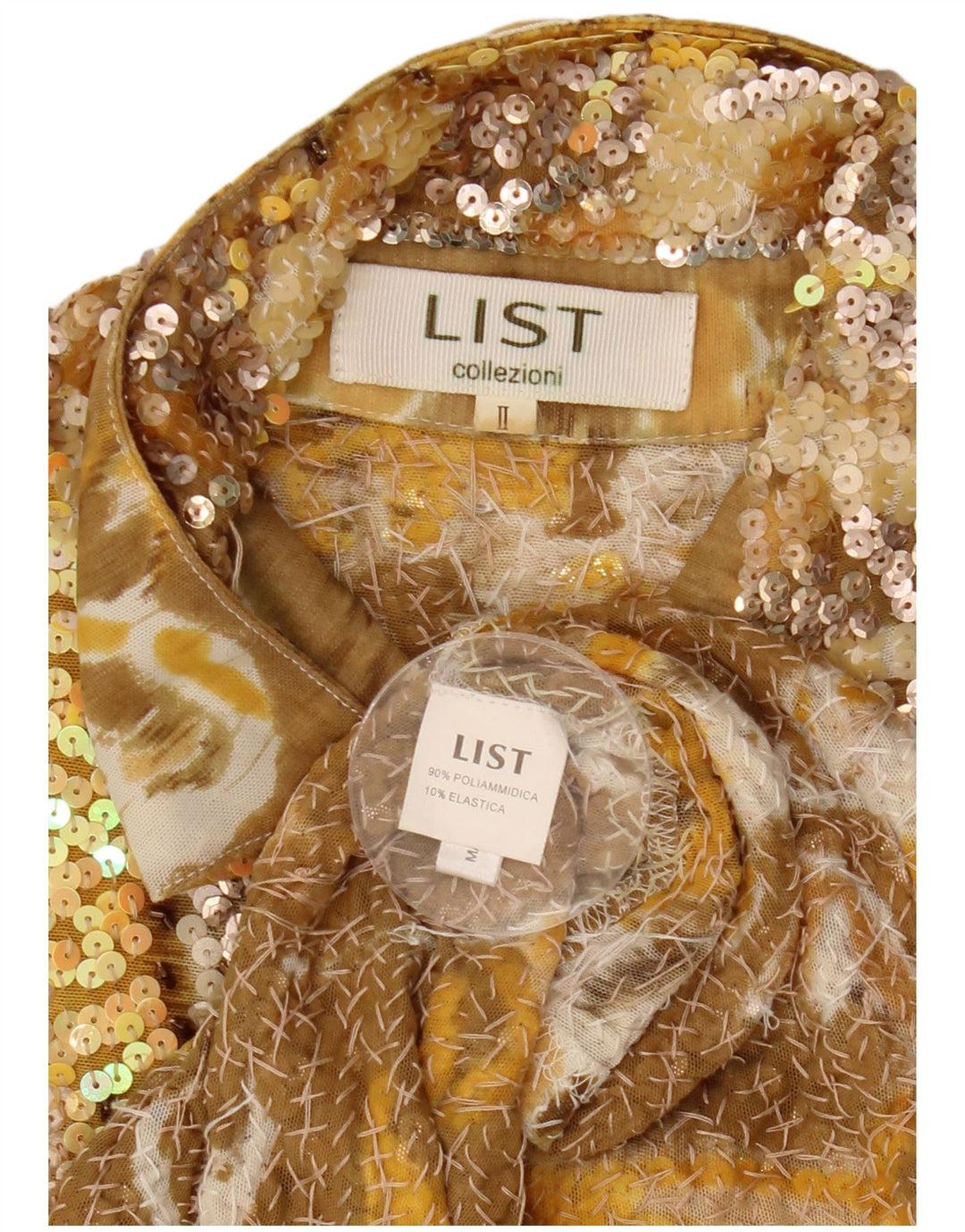 Camicetta camicia a maniche corte con paillettes vintage da donna US 2 XS poliammide kaki