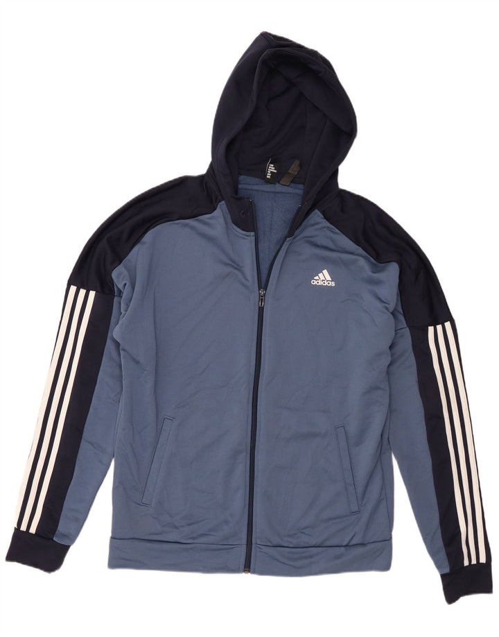 Maglione con cappuccio e zip da uomo Adidas grande in poliestere color block blu