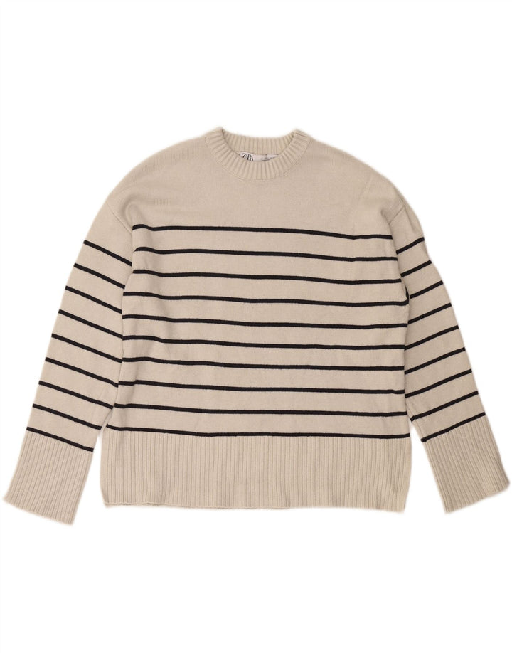 ZARA Womens Oversized Crew Neck Jumper Sweater UK 10 Small White Striped