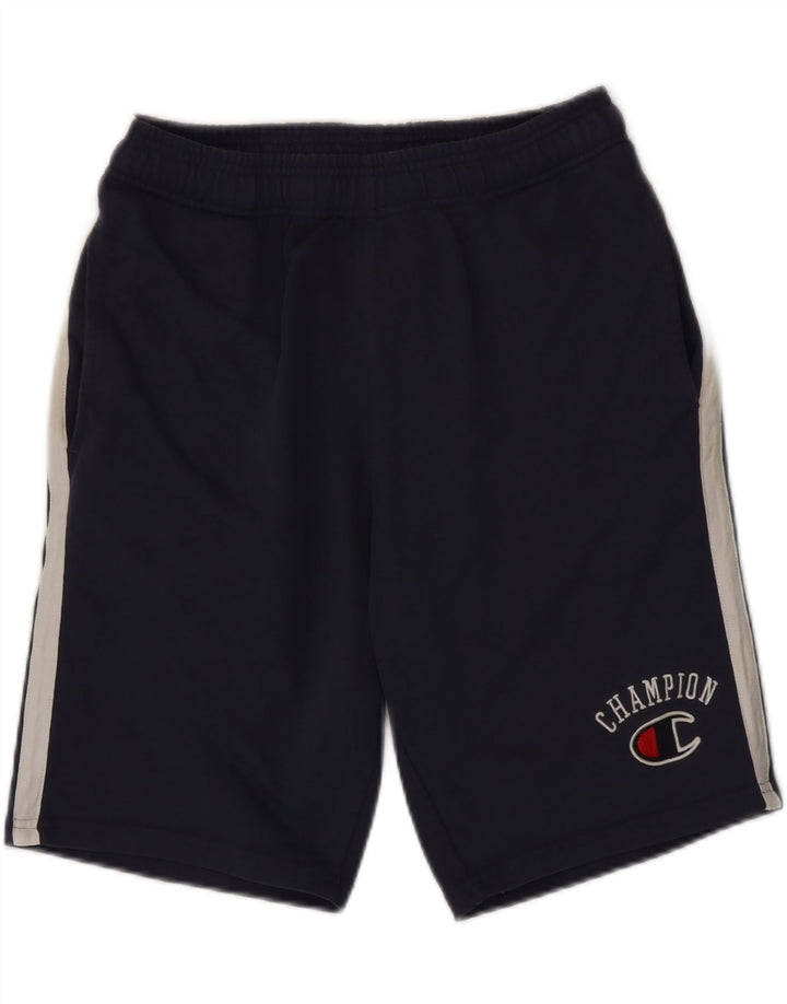 CHAMPION Mens Graphic Sport Shorts Medium  Navy Blue Colourblock Cotton Vintage Champion and Second-Hand Champion from Messina Hembry 