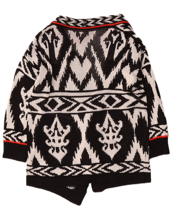 Maglione cardigan aperto con linea lunga da donna vintage UK 16 grande nero geometrico