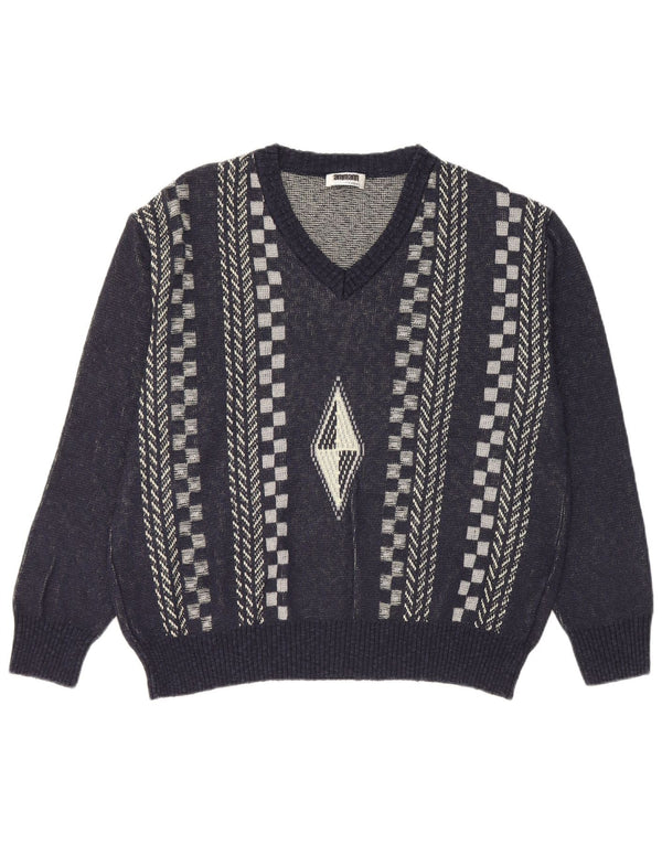 Maglione vintage da uomo con scollo a V IT 52 Grande cotone geometrico blu navy